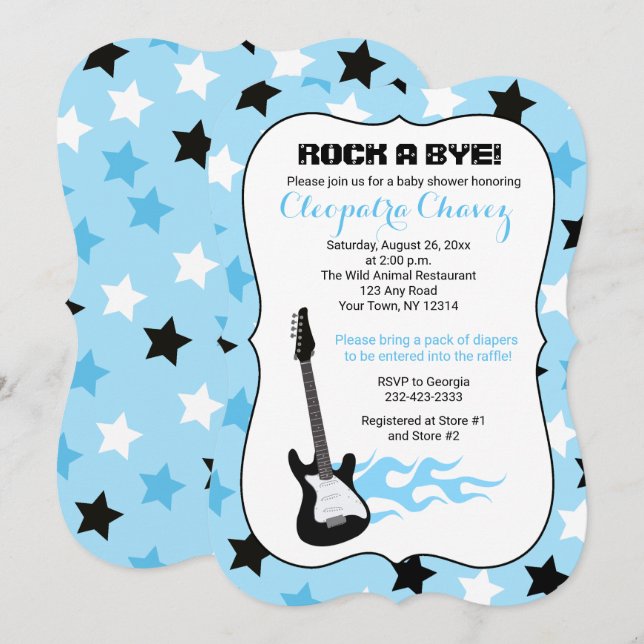 Invitation Rock a Bye Blue Rock Star Guitare Baby shower (Devant / Derrière)