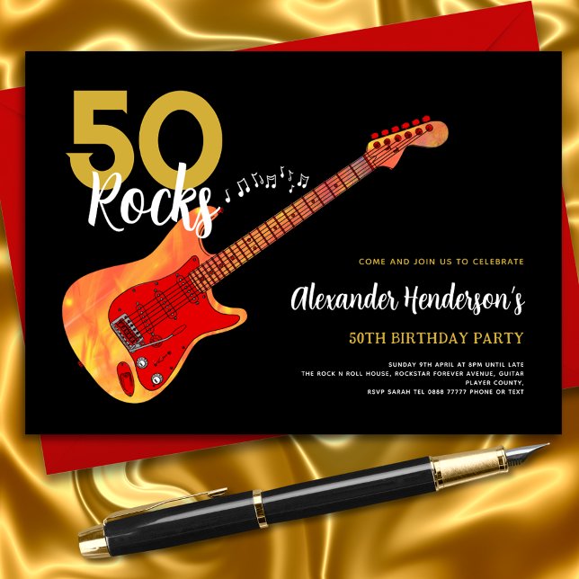 Invitation Rock and Roll 50e anniversaire fête 50 rochers (Rock and roll 50th birthday party invitation fire electric guitar black and gold 50 Rocks theme)