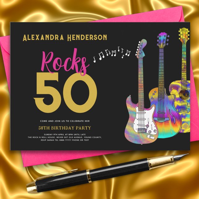 Invitation Rock and Roll 50e Anniversaire Fête Rose Or (Rock and roll 50th birthday party black pink and gold invitation )