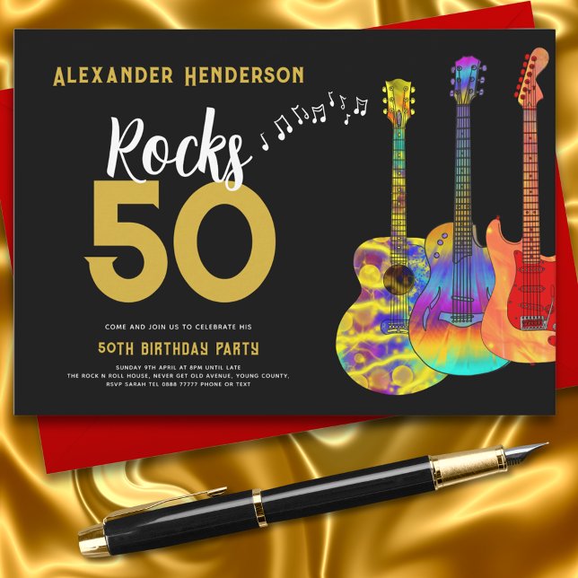 Invitation Rock and Roll 50e Anniversaire Musique Guitare (Rock and roll black and gold 50th birthday party invitation with funky colorful guitars and music)