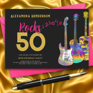 Invitation Rock and Roll 50ème Anniversaire Fête Rose Noir Or