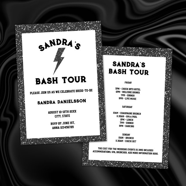 Invitation Rock and Roll Black Bach Tour Bachelorette Week-en (rock and roll bachelorette party black glitter rock bride weekend itinerary)