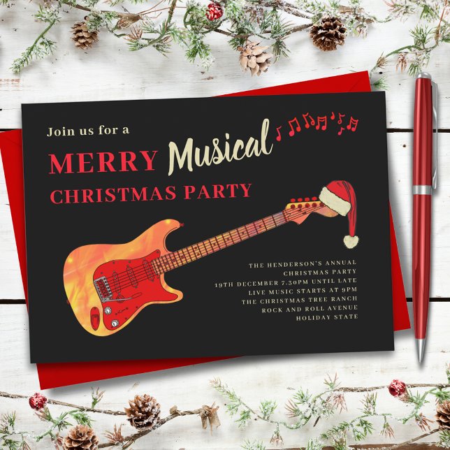 Invitation Rock and Roll Joyeuse fête de Noël (Rock and roll merry musical Christmas party music themed invitation guitarist musician band)