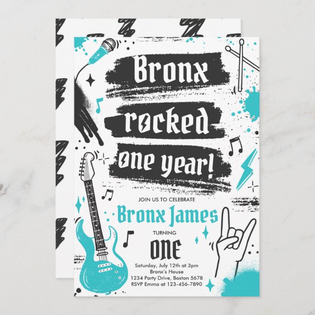 Invitation Rock and Roll Party Rocks un an 1er anniversaire (Devant / Derrière)