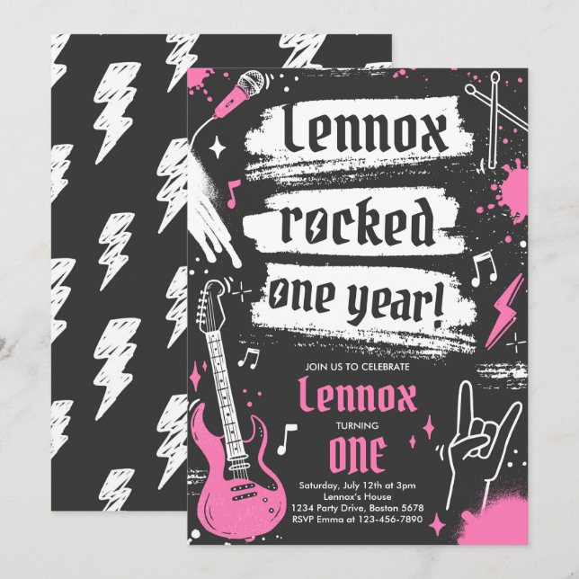 Invitation Rock and Roll Party Rocks un an 1er anniversaire (Devant / Derrière)