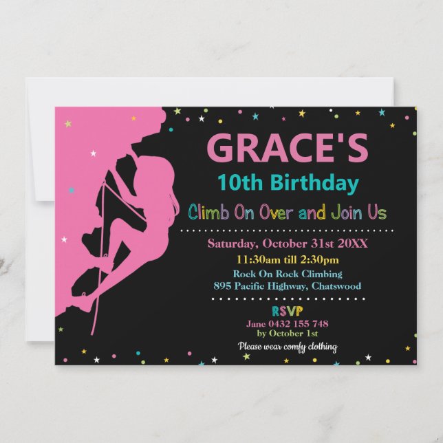 Invitation Rock Escalade Birthday Party Girl Pink Rainbow (Devant)