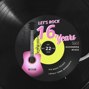 Invitation Rock Hot Pink Yellow Guitar Music Sweet 16