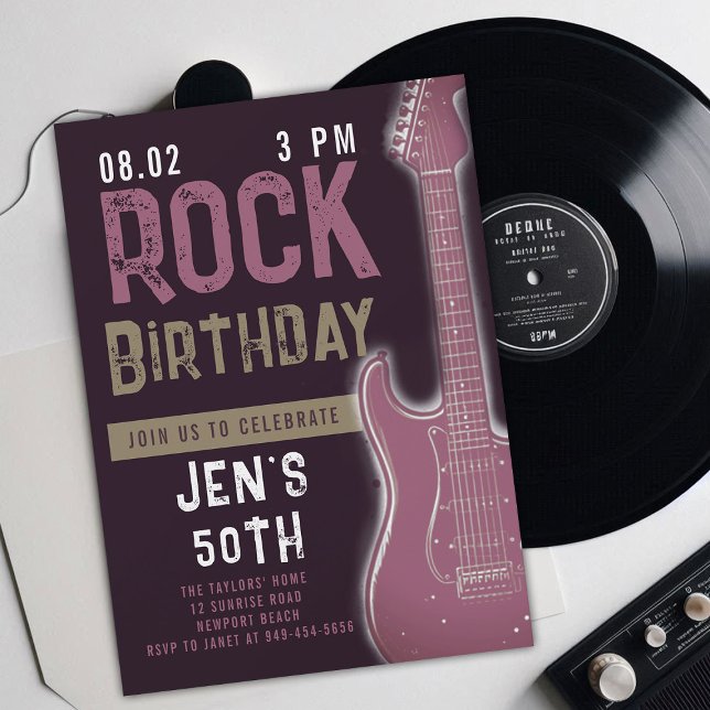 Invitation Rock Music Musicien Guitare Adulte Violet Annivers (music musician rock adult birthday party invitation women modern purple maroon electric guitar)