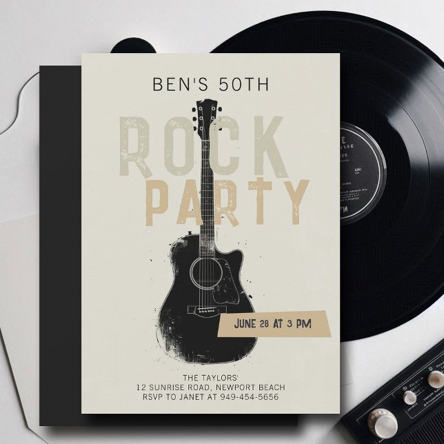 Invitation Rock Party Black Guitare Adulte moderne Amusement  (music fest rock adult birthday party invitation men modern fun black electric guitar musician)