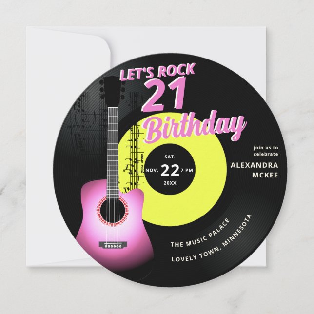 Invitation Rock Pink Guitar Music Élégant 21e anniversaire (Devant)