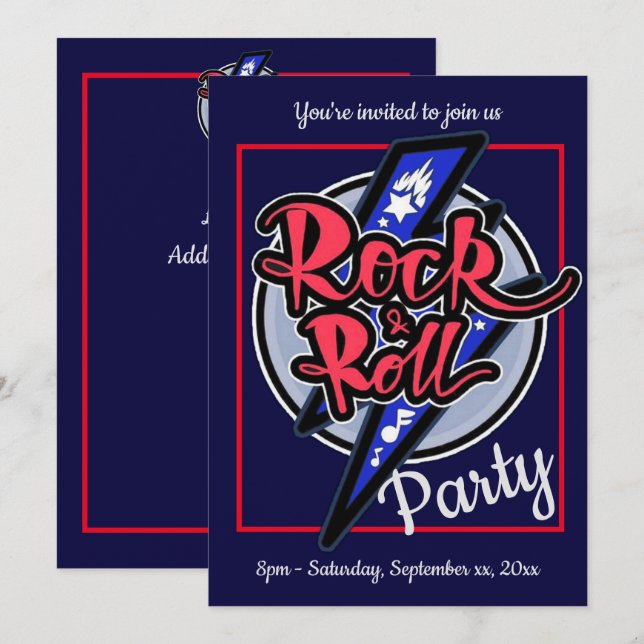 Invitation Rock & Roll Fête Bleue Éclair (Devant / Derrière)