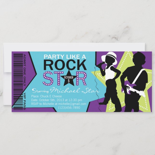 Invitation Rock Star Boy Band Anniversaire Purple Lime (Devant)