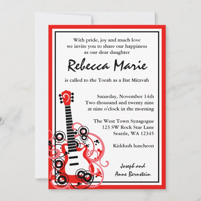 Invitation Rock Star Guitare Bat mitzvah rouge et noir (Devant)