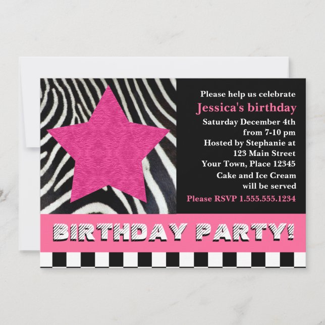 Invitation Rock Star Zebra Birthday Party - rose (Devant)