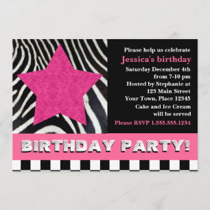Invitation Rock Star Zebra Birthday Party - rose