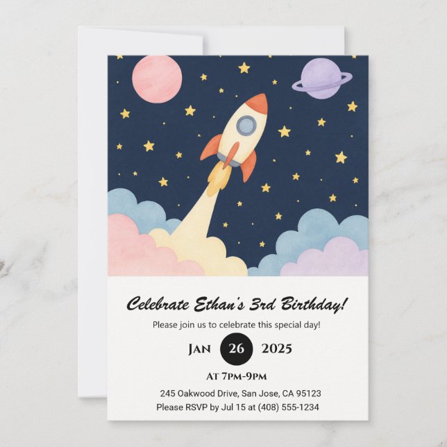 Invitation Rocket Launch & Starry Night Sky Birthday (Devant)