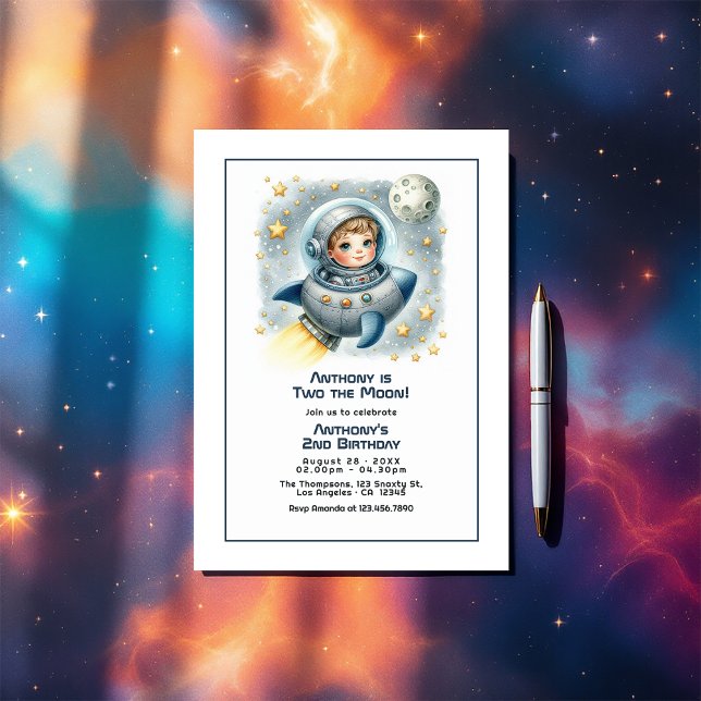 Invitation Rocket Toddler fête d'anniversaire "Two the Moon" (“Two the Moon” Rocket Toddler Birthday Party Invitation)