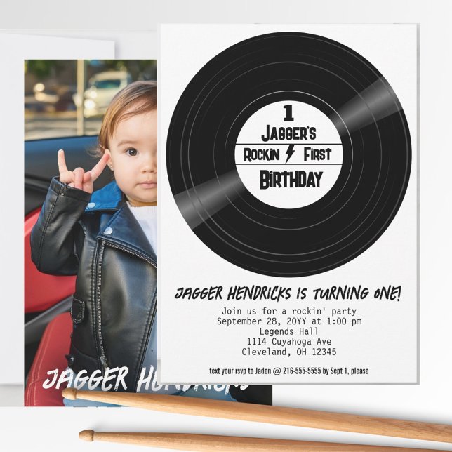 Invitation Rockin Premier anniversaire Photo Vinyl Record B&W (Rock n roll first birthday vinyl record photo invitation. )