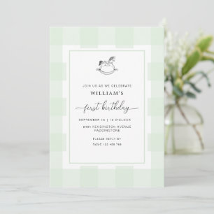 Invitation Rocking Horse Green En vichy 1er anniversaire Invi