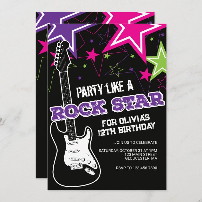 Invitation Rockstar Pink violet guitare anniversaire (Devant / Derrière)
