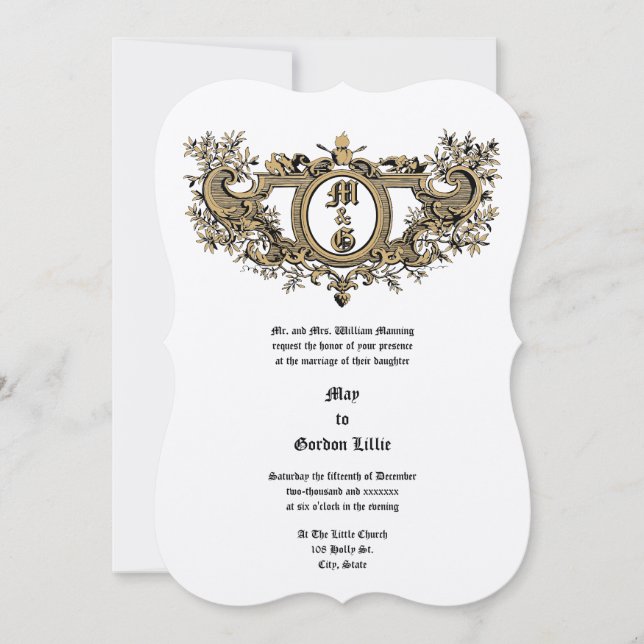 Invitation Rococo Baroque Cartouche Flaming Coeurs & Oiseaux (Devant)