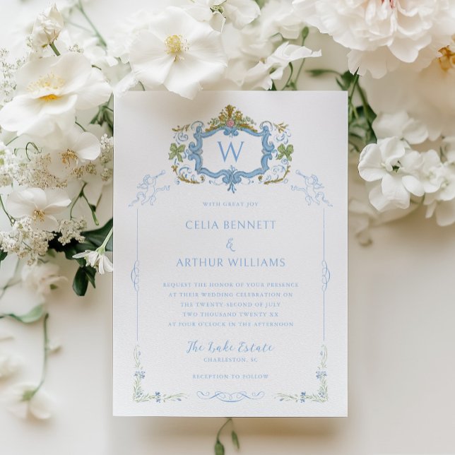 Invitation Rococo Bleu Monogramme Armoiries Mariage (Créateur téléchargé)