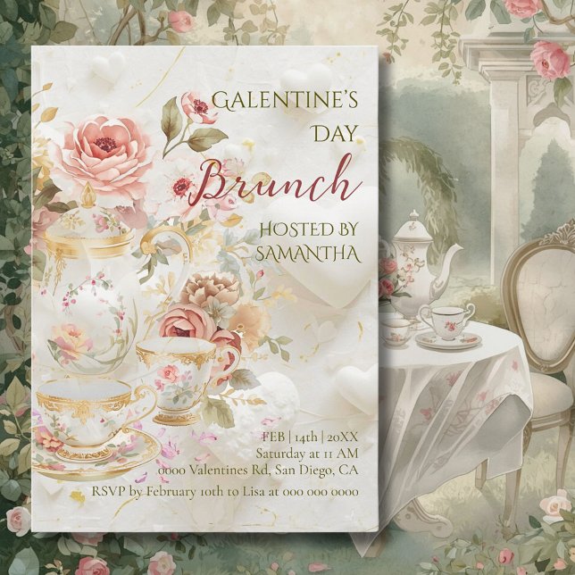 Invitation Rococó Floral Thé Galentine Brunch Pastels Doux (Créateur téléchargé)