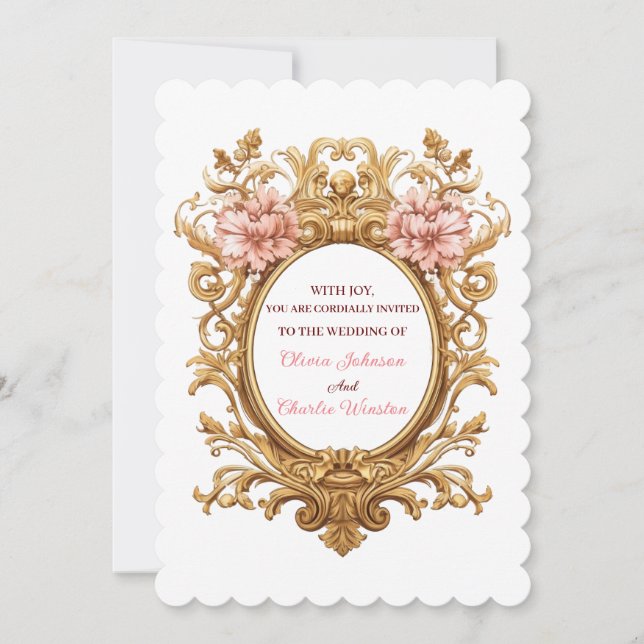 Invitation Rococo Royal Wedding Blush Florals Golden Scrolls (Devant)