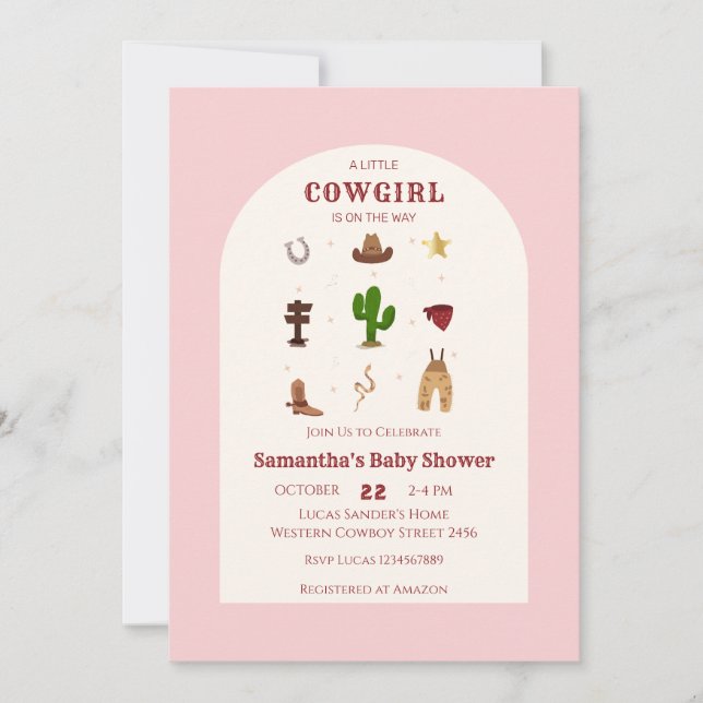 Invitation Rodéo minimaliste rose Baby shower fille (Devant)