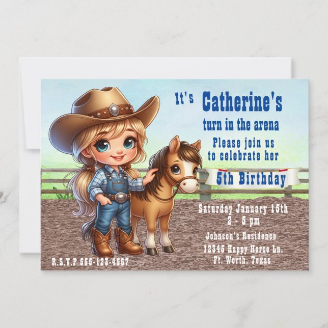 Invitation Rodéo Occidentale Petite Cowgirl Avec Cheval Anniv (Devant)