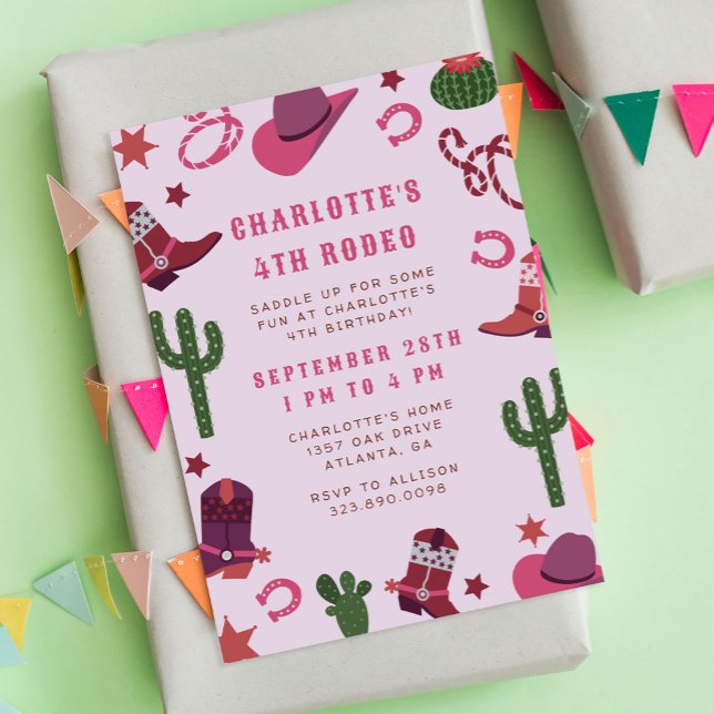 Invitation Rodéo Rodéo Rodéo Western Anniversaire (pink girls cowboy or cowgirl birthday party invitation featuring cowboy boots, hats, lassos, etc.)