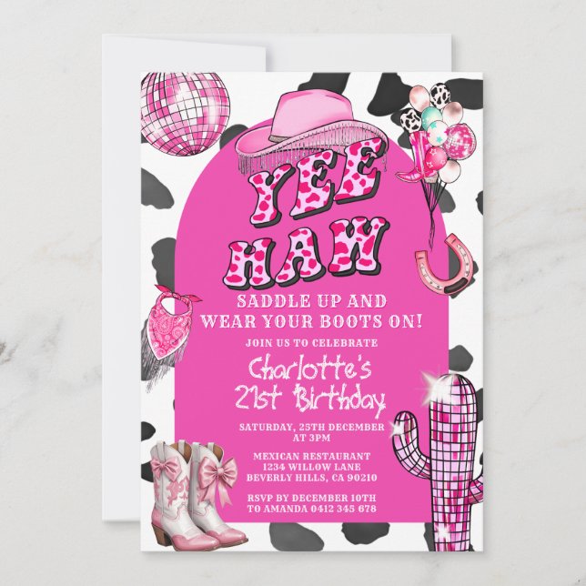 Invitation Rodéo rose Retro Cowgirl Anniversaire Dance Party (Devant)