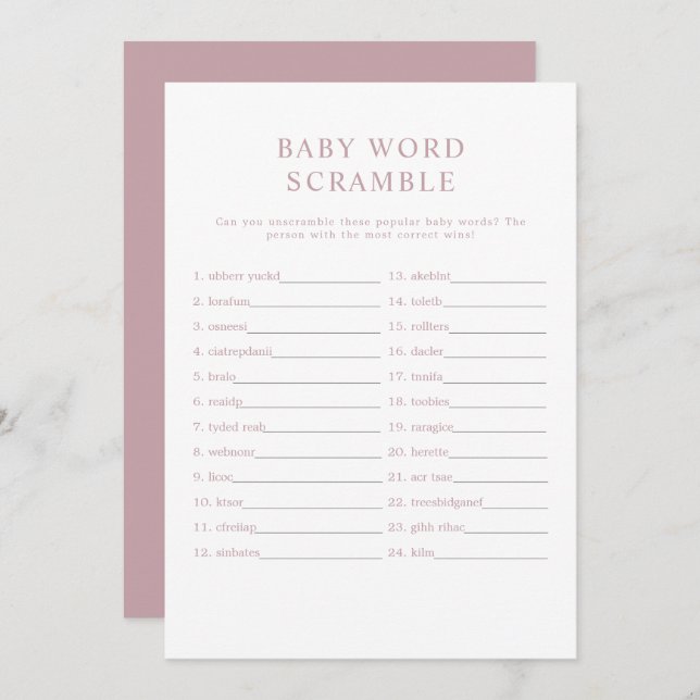 Invitation ROGUE Moderne Dusty Rose Baby Word Scramble Jeu (Devant / Derrière)