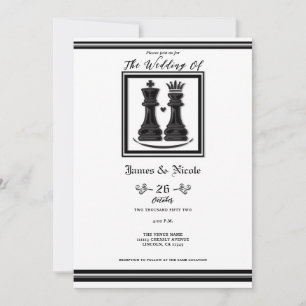 Invitation Roi & Reine d'échecs noir et blanc Mariage