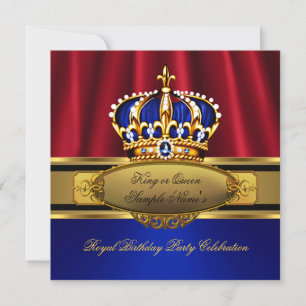 Invitation Roi Reine Rouge Bleu Royal Or Fête d'anniversaire
