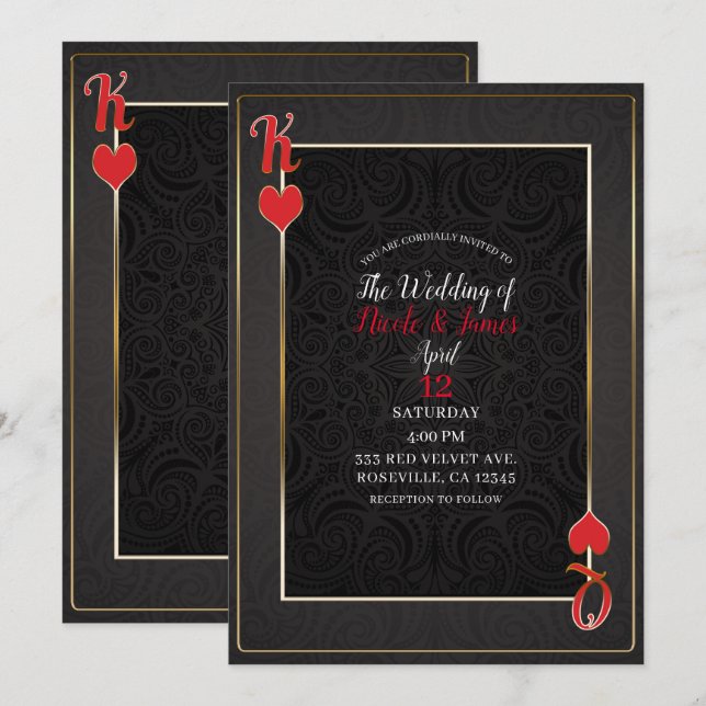 Invitation Roi rouge noir & Reine des Coeurs Mariage élégant (Devant / Derrière)