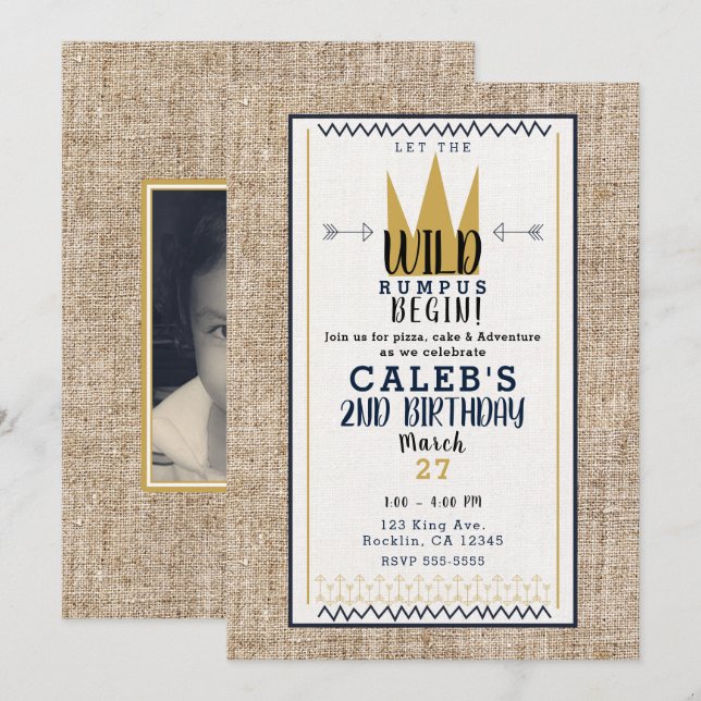 Invitation Roi Wild Thing Couronne Dorée Burlap Fête Photo (Devant / Derrière)