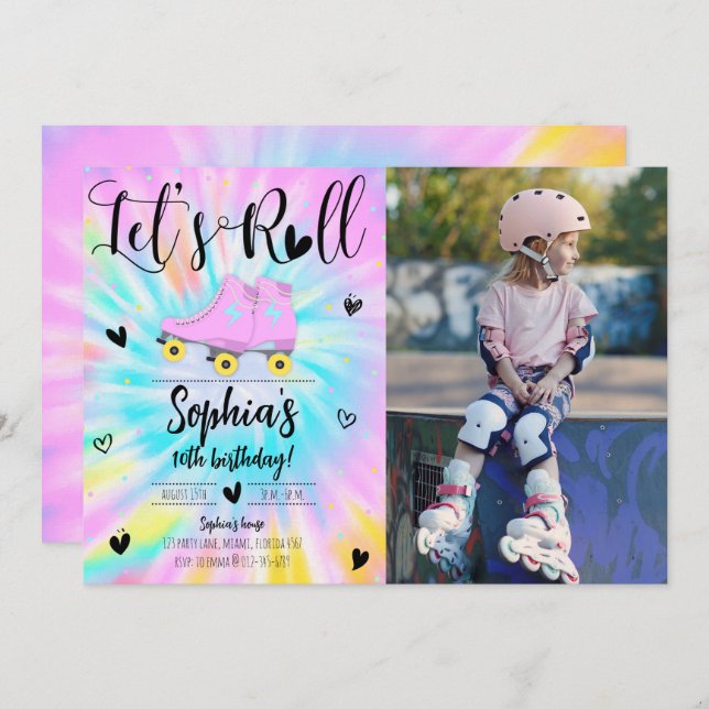 Invitation Roll Girl Tie Dye Photo fête d'anniversaire (Devant / Derrière)