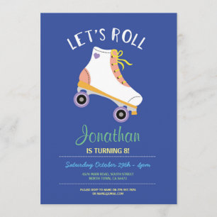 Invitation Roll Rollerskate Blue Birthday Party Patinage