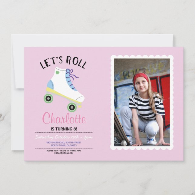 Invitation Roll Rollerskate rose fête d'anniversaire Photo (Devant)