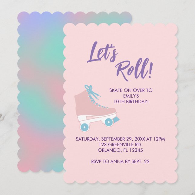 Invitation Roll rose 90s Girl Roller Rink Anniversaire (Devant / Derrière)