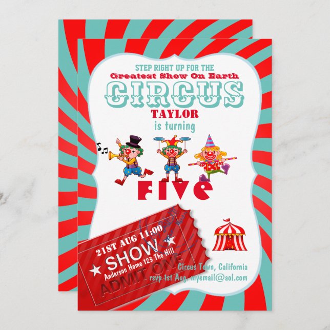 Invitation ROLL UP CIRCUS 5e anniversaire garçon fille plus g (Devant / Derrière)