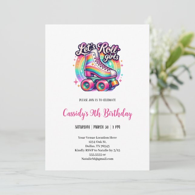 Invitation Rolle girls Roller aquarelle fête d'anniversaire (Debout devant)