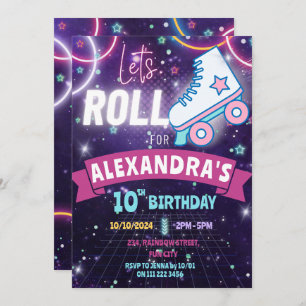 Invitation Roller Patinage Neon Anniversaire Girl Glow