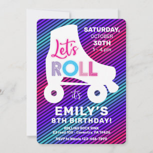 Invitation Roller Patins filles Rainbow Neon fête d'anniversa