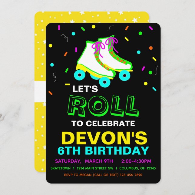 Invitation Roller Skate Neon fête d'anniversaire (Devant / Derrière)