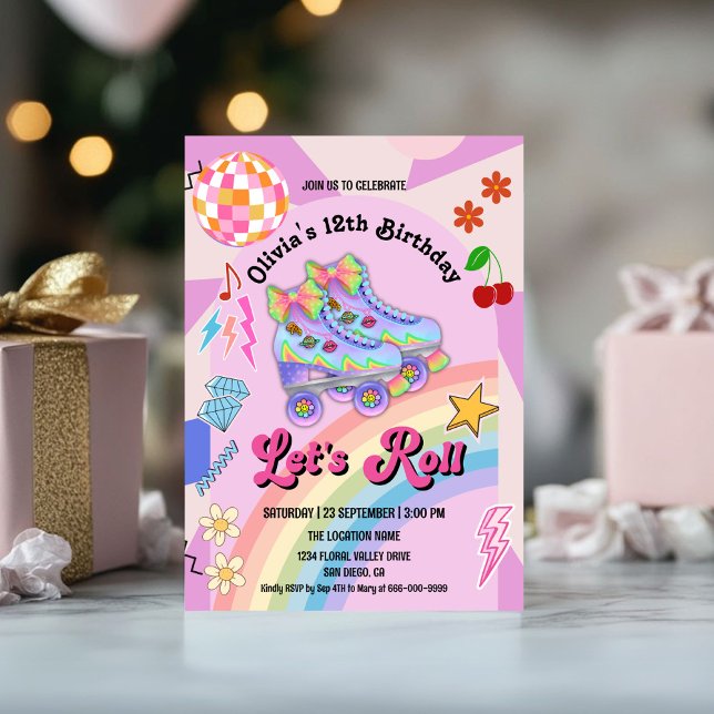 Invitation Roller Skate Super Retro Fille fête d'anniversaire (Roller Skate Groovy Retro Girl Birthday Party Invitation)