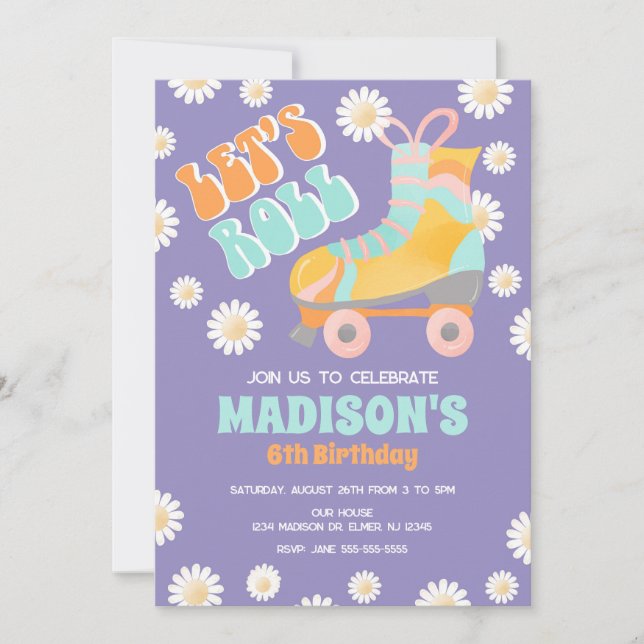 Invitation Roller Skate Thème Groovy 70 Retro Anniversaire (Devant)