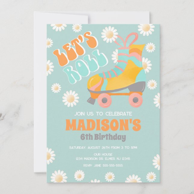 Invitation Roller Skate Thème Groovy Années 70 Anniversaire R (Devant)