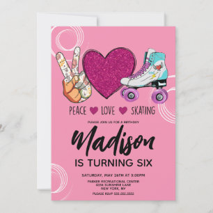 Invitation Roller Skates Coeur rose Fête d'anniversaire